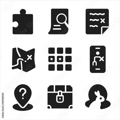 ARG Iconography Set. Solid, filled icon set of alternate reality games (ARGs): puzzle piece, secret clue, hidden message, map