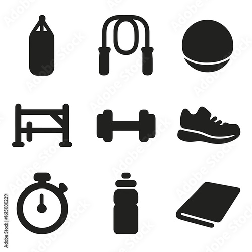 Army Training Gear Icons. Solid, filled icon set of army barracks training gear: punching bag, jump rope, medicine ball, obstacle