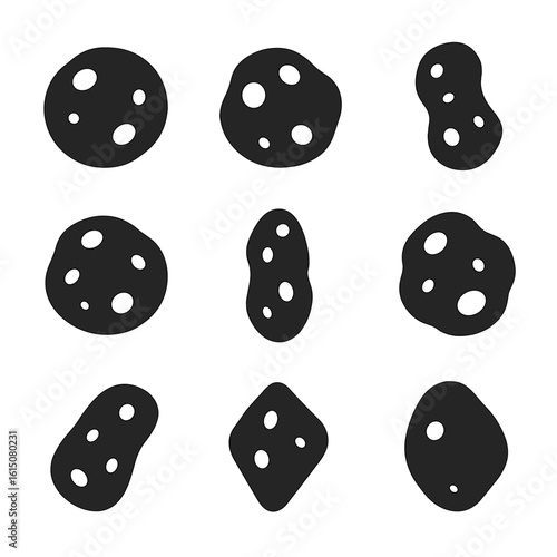 Asteroid Icon Grid. Solid, filled icon set of famous asteroids: Ceres, Vesta, Pallas, Hygiea, Eros, Ida, Gaspra, Bennu, Ryugu.