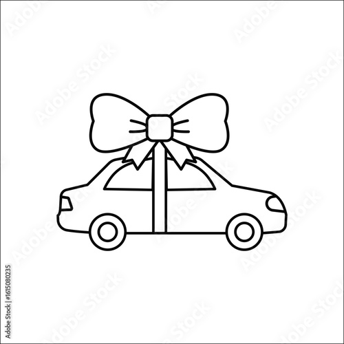 gift car icon, flat style vector of new automobile with bow ribbon representing car delivery, purchase, celebration, bonus and transportation event
