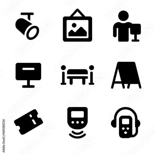 Art Gallery Icons. Solid, filled icon set of art gallery features: spotlight, hanging wire, visitor guide, wall tag, museum bench,