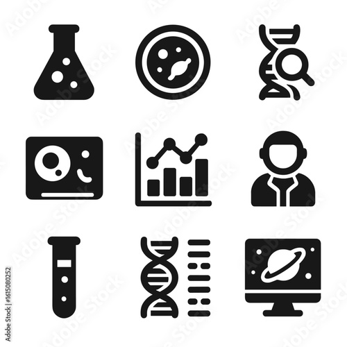 Astrobiology Icon Set. Solid, filled icon set of astrobiology research: laboratory flask, petri dish, DNA analysis, microscope