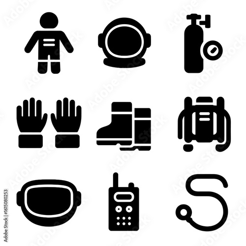 Astronaut Gear Icons. Solid, filled icon set of astronaut gear: space suit, helmet, oxygen tank, gloves, boots, visor,