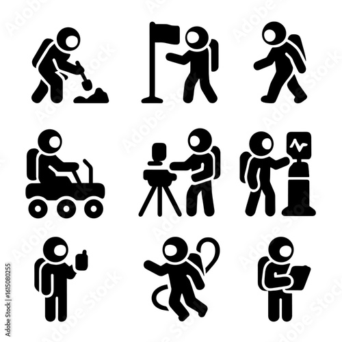 Astronaut Icon Set. Solid, filled icon set of astronaut activities: sample collection, flag planting, walking on surface,