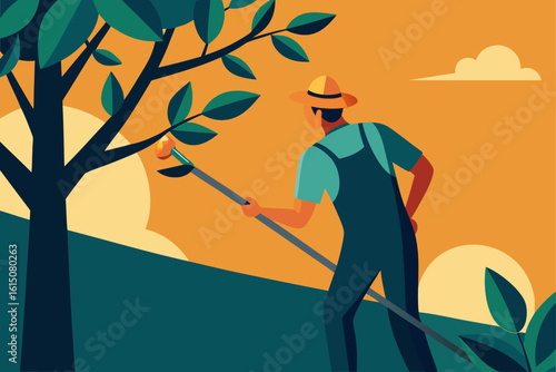Farmer harvesting fruit from a tree with a long pole during a vibrant sunset