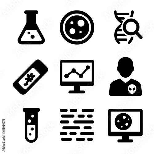 Astrobiology Icon Set. Solid, filled icon set of astrobiology research: laboratory flask, petri dish, DNA analysis, microscope