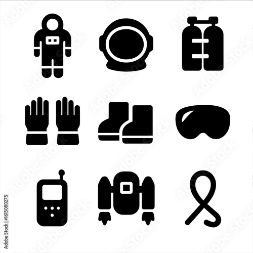 Astronaut Gear Icons. Solid, filled icon set of astronaut gear: space suit, helmet, oxygen tank, gloves, boots, visor,