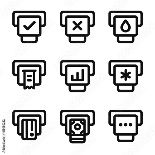 ATM Notification Icons. Solid, filled icon set of ATM notifications: transaction success, error message, low balance alert,