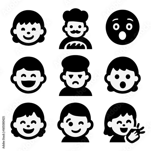 Baking Emotion Icons. Solid, filled icon set of baking emotions and expressions: happy child, proud baker, excited smile,