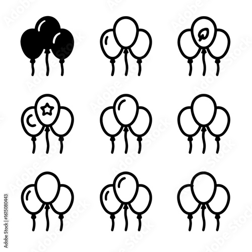 Balloon Icon Set. Solid, filled icon set of balloon cluster materials: latex balloons, mylar balloons, foil balloons,