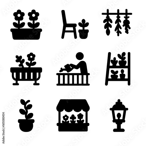 Balcony Plant Icons. Solid, filled icon set of balcony plant lovers: potted flowers, chair and pot, hanging herbs, railing planter