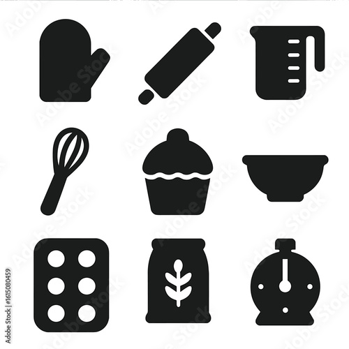 Baking Icon Set. Solid, filled icon set of creating baked goods: oven mitt, rolling pin, measuring cup, whisk, cupcake, mixing