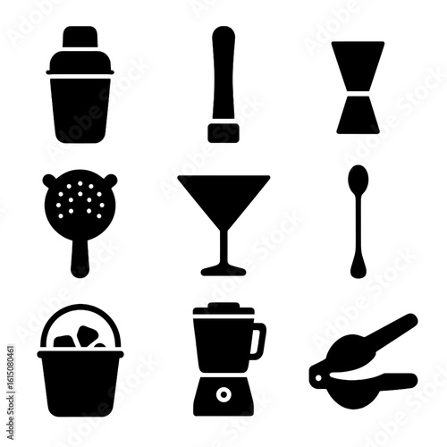 Bartender Tools Grid. Solid, filled icon set of cocktail tools: shaker, muddler, jigger, strainer, cocktail glass, stirring spoon,