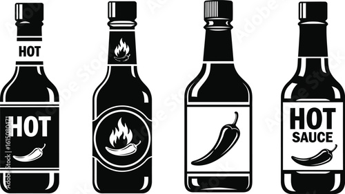 Hot Sauce Bottle Vector Icons Set – Spicy Chili Label Clipart