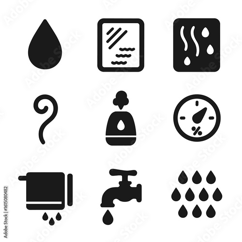Bathroom Humidity Icons. Solid, filled icon set of common bathroom humidity indicators: water droplet, foggy mirror, condensation