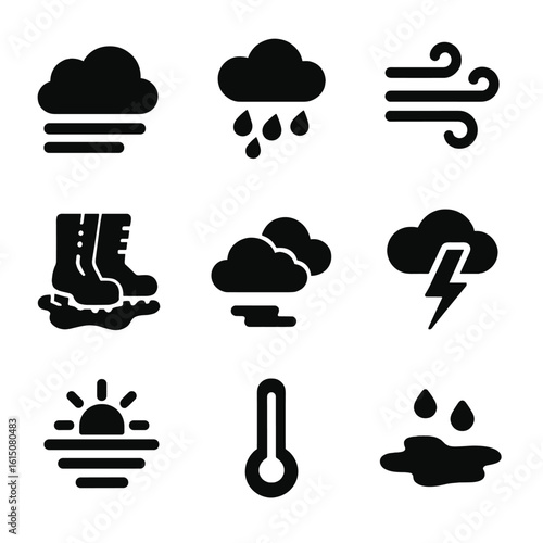 Battlefield Weather Icons. Solid, filled icon set of weather in battlefield: fog cloud, rain drops, wind gust, muddy boots, cloudy