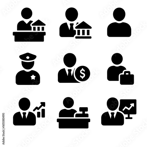 Bank Roles Icons. Solid, filled icon set of bank customer roles: teller, branch manager, client, security officer, loan officer,