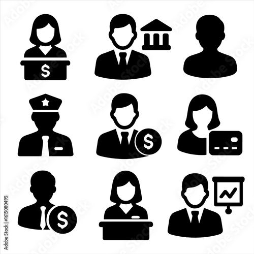 Bank Roles Icons. Solid, filled icon set of bank customer roles: teller, branch manager, client, security officer, loan officer,