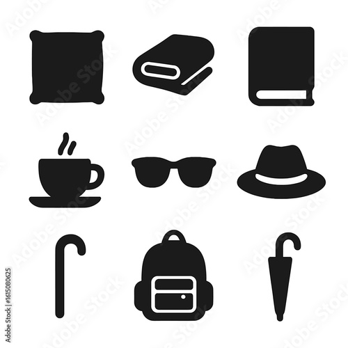 Bench Accessories Icons. Solid, filled icon set of bench accessories: cushion, blanket, book, coffee cup, sunglasses, hat, walking
