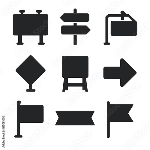 Blank Signage Icons. Solid, filled icon set of blank signage: empty billboard, blank street sign, empty exit sign, blank road sign