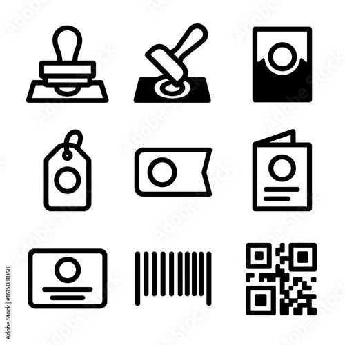 Brand Element Icons. Solid, filled icon set of branding elements: logo stamp, embossing, foil stamping, hang tag, label sticker,