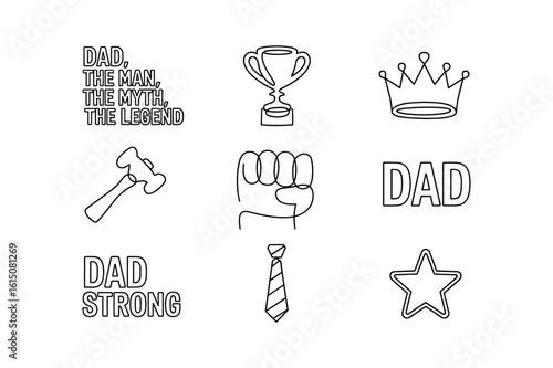 Fatherhood celebration icons trophy crown hammer fist tie star and dad text vector