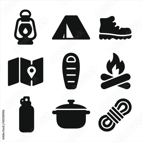 Camping Essentials Icons. Solid, filled icon set of camping essentials: lantern, tent, hiking boot, map, sleeping bag, firewood,