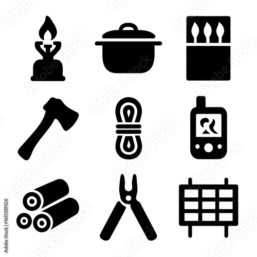 Camping Gear Icons. Solid, filled icon set of camping gear essentials: stove, pot, matches, axe, rope, GPS, multitool, firewood,