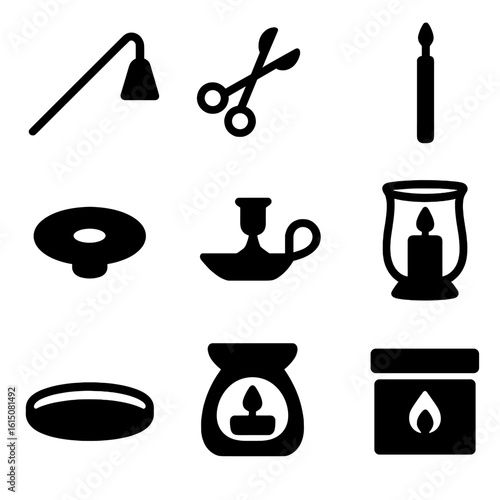 Candle Accessory Icons. Solid, filled icon set of candle holder accessories: candle snuffer, wick trimmer, candle lighter, drip