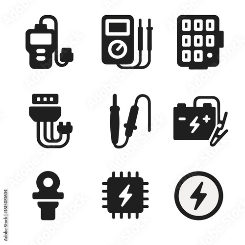 Car Electronics Icons. Solid, filled icon set of car electronics and diagnostics: OBD scanner, multimeter, fuse box, wiring