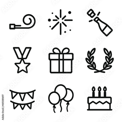 Celebration Icon Set. Solid, filled icon set of celebratory items: party horn, fireworks explosion, champagne bottle popping, gold