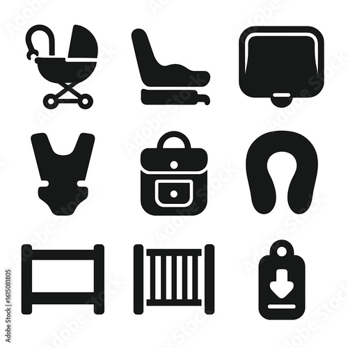 Childproof Travel Icons. Solid, filled icon set of travel childproofing: stroller strap, car seat base, sunshade screen, baby