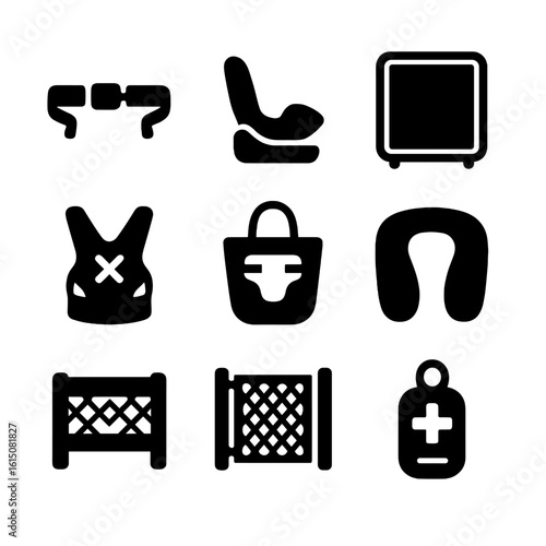 Childproof Travel Icons. Solid, filled icon set of travel childproofing: stroller strap, car seat base, sunshade screen, baby