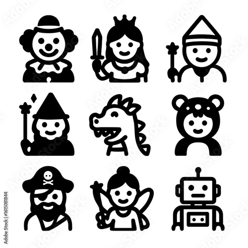 Children's Theater Icons. Solid, filled icon set of children’s theater characters: clown, princess, knight, wizard, dragon, animal