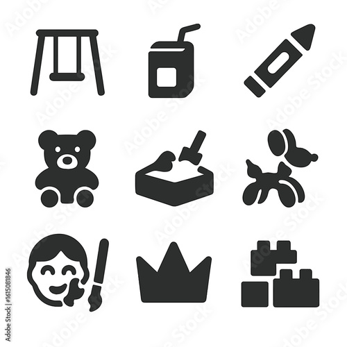 Children's Reunion Icons. Solid, filled icon set of children at reunions: swing set, juice box, crayon, stuffed bear, sandbox,