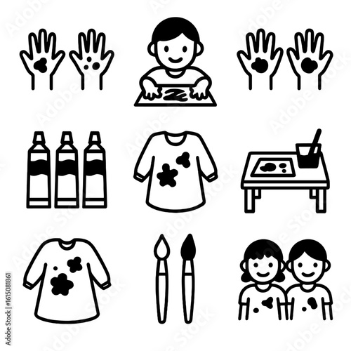 Children's Art Icons. Solid, filled icon set of children’s hand painting activities: kids hands with paint, finger painting, paint