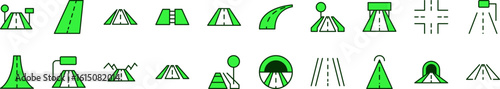 Collection of Filled Color Icons of Green Road. Minimalistic Linear Pictogram for Web and Graphic Design, Apps, Banners, Social Network and Cards