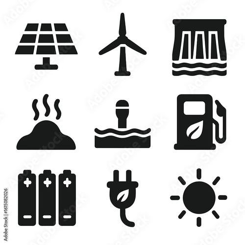 Clean Energy Icons. Solid, filled icon set of clean energy sources: solar panel, wind turbine, hydro dam, geothermal icon, tidal