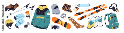 Set of ski and snowboarding equipment. Tools for snow mountain climbing, mountaineering, alpinism. Gears, accessories for extreme winter sport. Flat isolated vector illustrations on white background