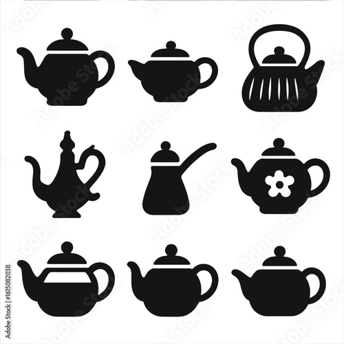 Classic Teapot Icons. Solid, filled icon set of classic teapot designs: English teapot, Chinese clay pot, Japanese tetsubin,