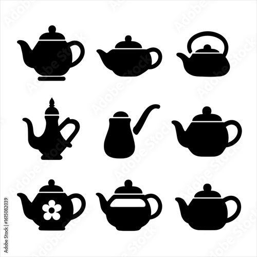Classic Teapot Icons. Solid, filled icon set of classic teapot designs: English teapot, Chinese clay pot, Japanese tetsubin,