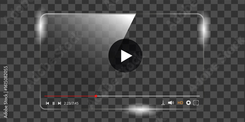 video player, modern transparent streaming interface with play button controls and glowing UI elements perfect for media overlay template screen design composition presentation

