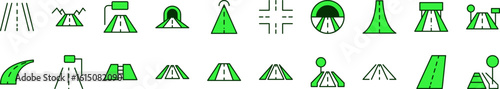 Bundle of Filled Color Icons of Green Road. Minimalistic Linear Pictogram for Web and Graphic Design, Apps, Banners, Social Network and Cards