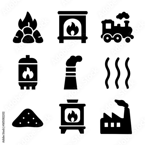Coal Usage Icons. Solid, filled icon set of coal burning and usage: burning coal, furnace fire, steam engine, boiler, chimney,