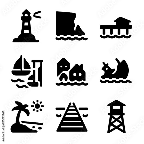 Coastal Landmark Icons. Solid, filled icon set of coastal landmarks: lighthouse, cliff, pier, marina, coastal village, shipwreck,