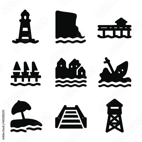 Coastal Landmark Icons. Solid, filled icon set of coastal landmarks: lighthouse, cliff, pier, marina, coastal village, shipwreck,