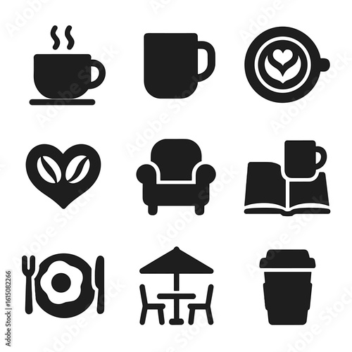 Coffee Icon Collection. Solid, filled icon set of coffee drinking moments: steaming cup, coffee mug, latte art, coffee bean heart,