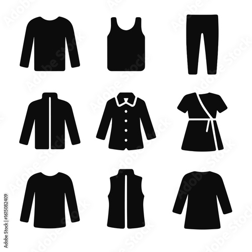 Comfort Clothing Icons. Solid, filled icon set of comfort layering basics: long sleeve tee, undershirt, thermal leggings, fleece