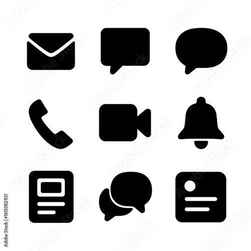 Communication Icon Set. Solid, filled icon set of communication channels: email, direct message, chat bubble, phone call, video