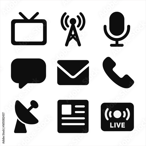 Communication Channels Icons. Solid, filled icon set of communication channels: TV screen, radio tower, podcast mic, chat bubble,